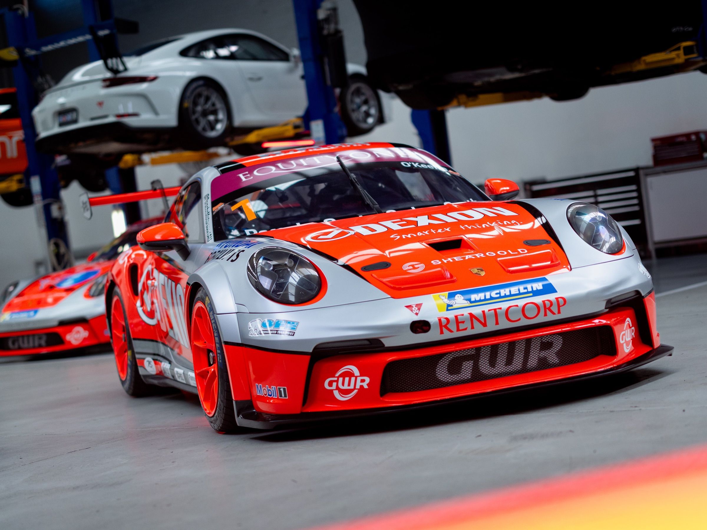 Dylan O'Keeffe's Dexion Porsche 911 GT3 Cup car in the GWR workshop